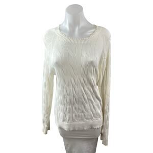 Minnierose Women's White Cable Knit Round Neck Long Sleeve Sweater Top Size M